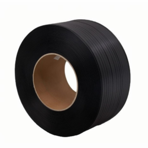 Black 12mm PP strapping band, suitable for various industrial packaging needs.